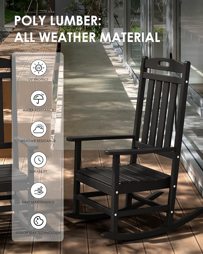 Outdoor Rocking Chair Set of 2, All-Weather Resistant Poly Lumber Rocker Chair Outdoor, High Back Plastic Patio Rocking Chairs for Outside Porch Rocker Garden Lawn, Black