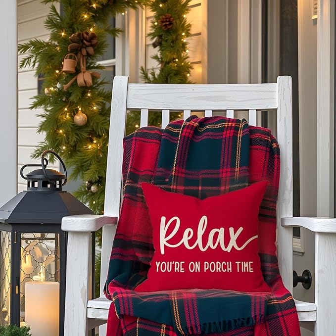 PANDICORN Decorative Throw Pillow Covers 18x18 Inch Relax Porch Time Red Outdoor Farmhouse Christmas Porch Decorations Decorative Throw Pillows Cases for Front Porch Patio Couch Bench Decor