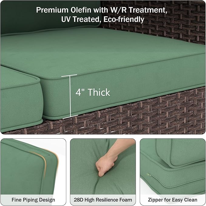 Outdoor Chair Cushions 23" x 24" x 4", Patio Deep Seat Replacement Cushions Set with Zippered Removable Cover, Weather-Resistant Olefin Fabric for Garden Chair Sofa Couch, Set of 4, Green
