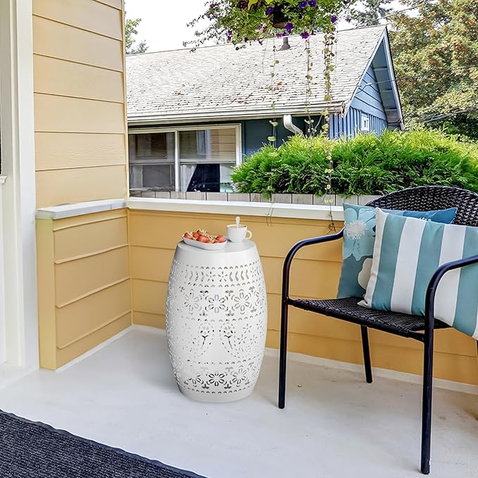 Outdoor Accent Iron Side Table,9.4" Steel Patio End Table, Round Hollow Drum Patio Garden Stool,Round,Iron Decorative Garden Stool,for Indoor and Outdoor,White