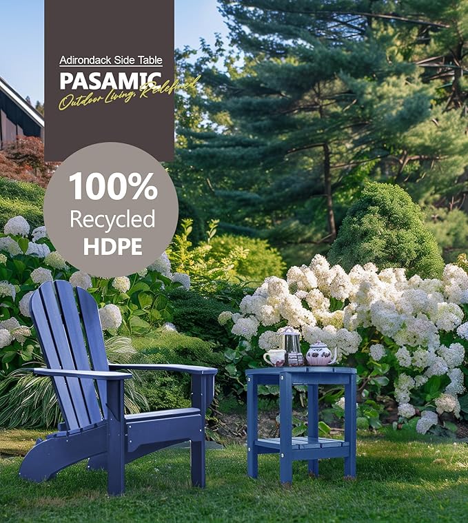 PASAMIC 2-Tier Adirondack Oval Outdoor Side Table, HDPE Small Outdoor Table, Patio End Table for Patio, Backyard, Weather-Resistant (Navy Blue)