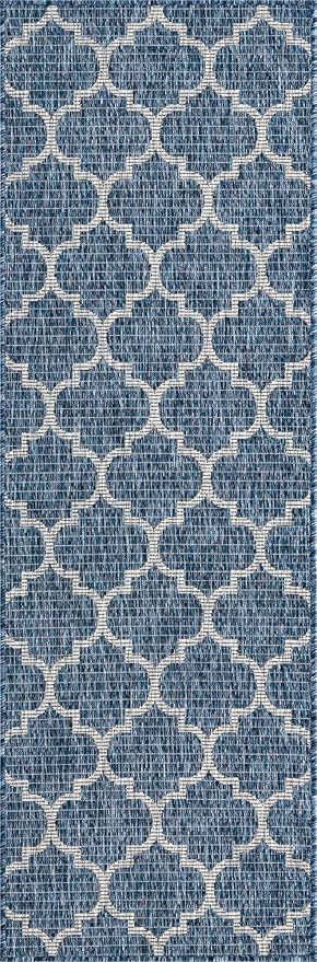 Unique Loom Outdoor Trellis Collection Area Rug (2' x 6' 1" Runner, Navy Blue/ Ivory)