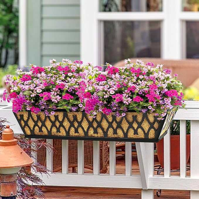 4 Pack 16 Inch Window Boxes Planters Railing Planter Box with Adjustable Brackets for Porch Fence Patio Balcony Hanging Flower Baskets with Coco Liners for Outdoor Garden Decor - Black
