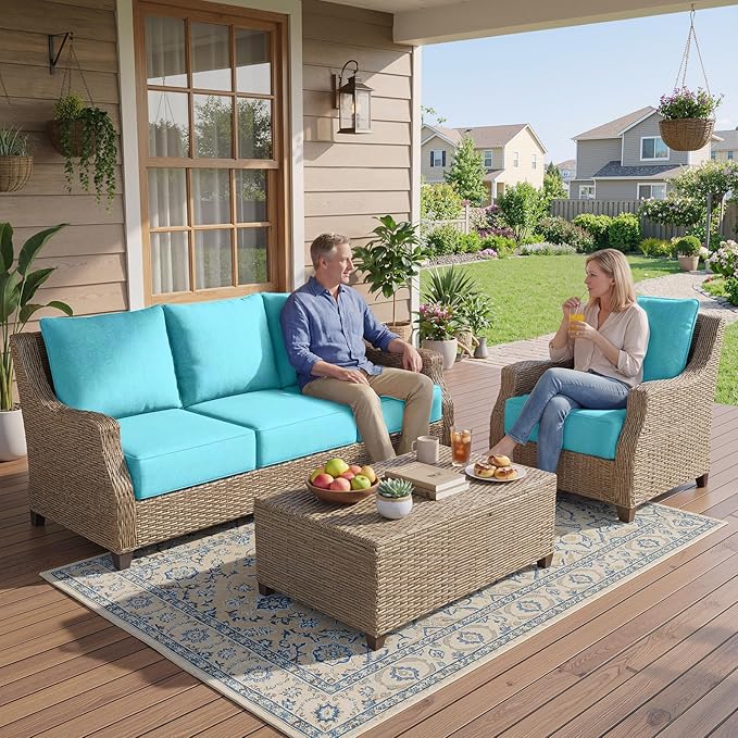 Belord Luxury 6" Thick Outdoor Cushion 8 Set - 24 x24 Inch 28D Sponge Filling Fade-Resistant Chair Cushion, Spill Proof Removable Patio Furniture Replacement Cushion for Sofa Bench Swing - Turquoise