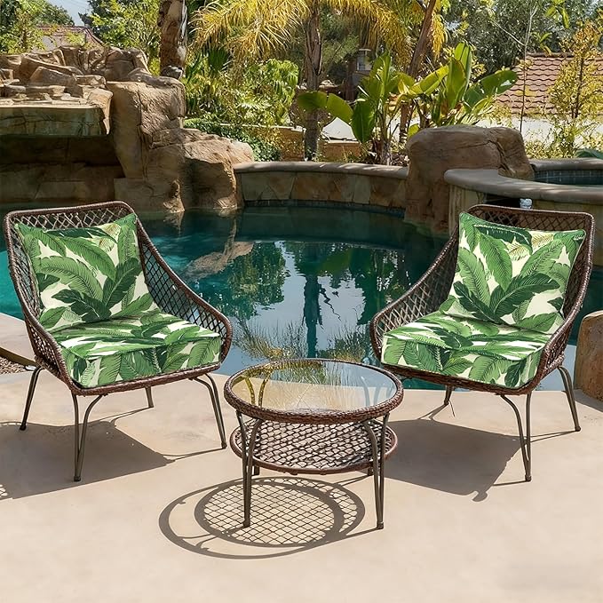 Outdoor Deep Seat Cushion Set, Water Repellent 22"x22" Patio Thick Cushions Replacement with Seat & Back Pillow for Patio Sofa, Wicker Chair, Couch - Swaying Palms Green