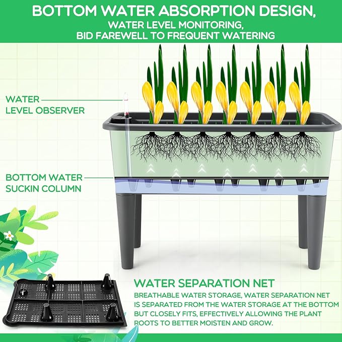 Yungyan 2 Pcs 13.2 Gallon Raised Garden Bed Plastic Planter Box Self Watering Flower Box Deepen Herb Planter Elevated Plant Bed with Removable Legs Water Level Indicator for Vegetable Outdoor Patio