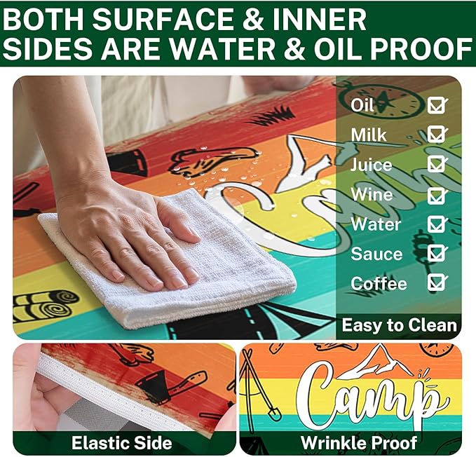 Picnic Table Cover with Bench Covers Elastic Edges, Blue Wood Camper Fitted Table Cover, Outdoor Patio Camping Essentials 72 Inch 3PCS, Waterproof Camping Fitted Tablecloth with Drawstring Bag