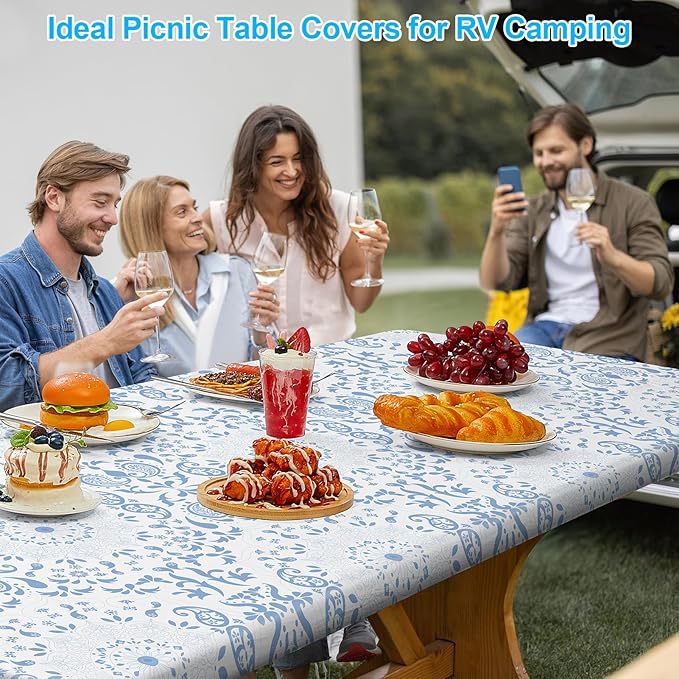 pickyNproud Picnic Table Cover with Bench Covers Portable Table Cloth Built-in Storage Pocket Picnic Table Covers with Elastic Waterproof Camping Essentials for RV Camping