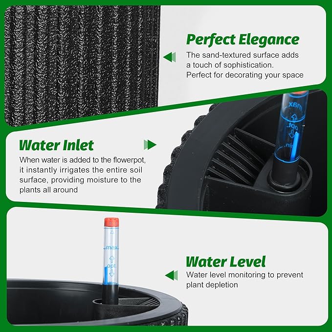 14.2" Tall Planters Set of 2, Large Indoor/Outdoor Self-Watering Plant Pots with Drainage, Water Level Monitor & Wheels, Flower Pots for Patio, Porch, Living Room, Home Office