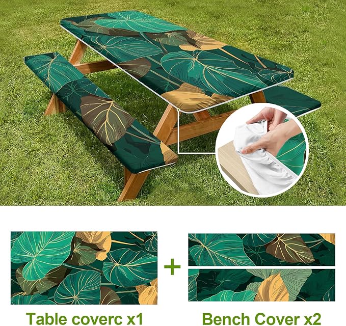Picnic Table Cover with Bench Covers Set of 3 - Tropical Monstera Green Botanical Leaves Pattern, Elastic Fitted Tablecloth for 6 Ft Tables, Washable Polyester Cover for Patio, Indoor & Outdoor