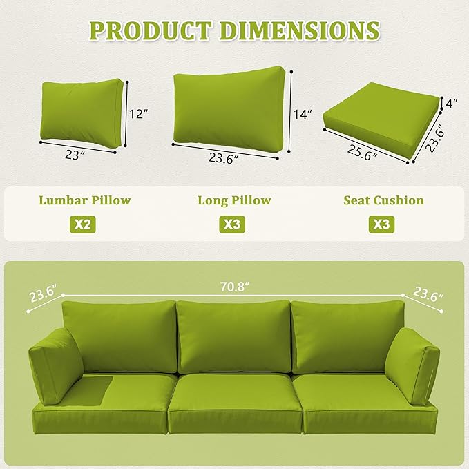 8-Piece Outdoor Cushions for Patio Furniture Thick Outdoor Chair Cushions Resilient Foam Waterproof Deep Seat Cushion Replacement for 3-Seat Sectional Sets Liner&Cover Grass Green