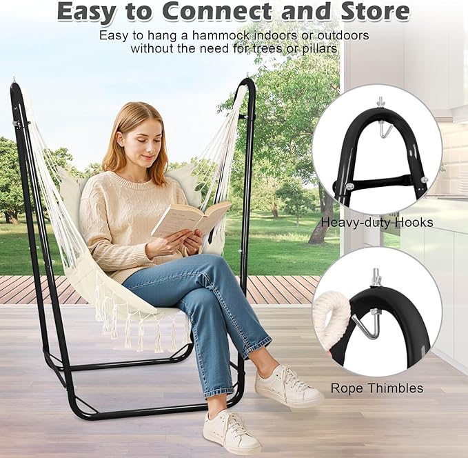 Hammock Chair with U Shape Stand, Cotton Swing Chair with Side Pocket, Heavy-Duty Metal Frame with Hanging Seat, Multi-Functional Swing Stand for Indoor and Outdoor Patio Yard Garden (Blackwhite)