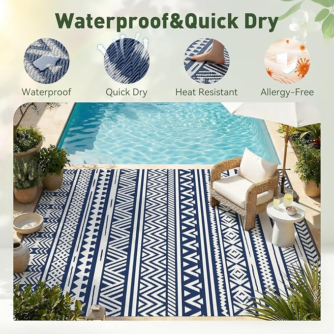 MontVoo Outdoor Rug 8x10 Waterproof Outdoor Patio Rug Mat Reverisble Plastic Straw Outdoor Rug for RV Camping Picnic Beach Balcony Boho Navy Blue