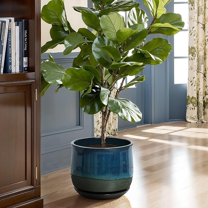 LuxenHome 12" Dia Ceramic Plant Pot, Indoor Outdoor Large Planter with Drainage Hole and Saucer, Blue and Green Gradient Glaze Flower Pot, Modern Decorative Planter for Home Garden Patio Porch