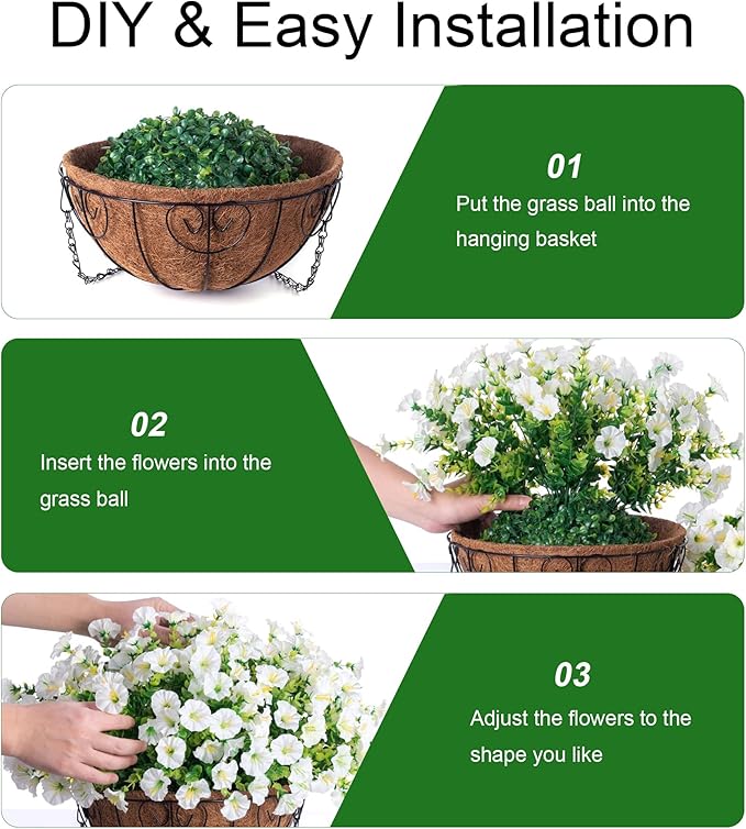 2 Set Artificial Hanging Flowers Baskets for Outdoors Faux Spring Plants, 24 Pcs UV Resistant Faux Silk White Morning Glory with 2 Outdoor Hanging Planters Realistic for Outside Porch Patio Decor