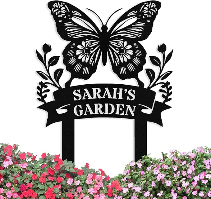 Custom Metal Butterfly Garden Sign with Stake, Personalized Garden Signs for Outside, Customized Garden Name Signs for Yard Lawn Outdoor Decor Gardening Gifts for Moms Grandmas Gardeners