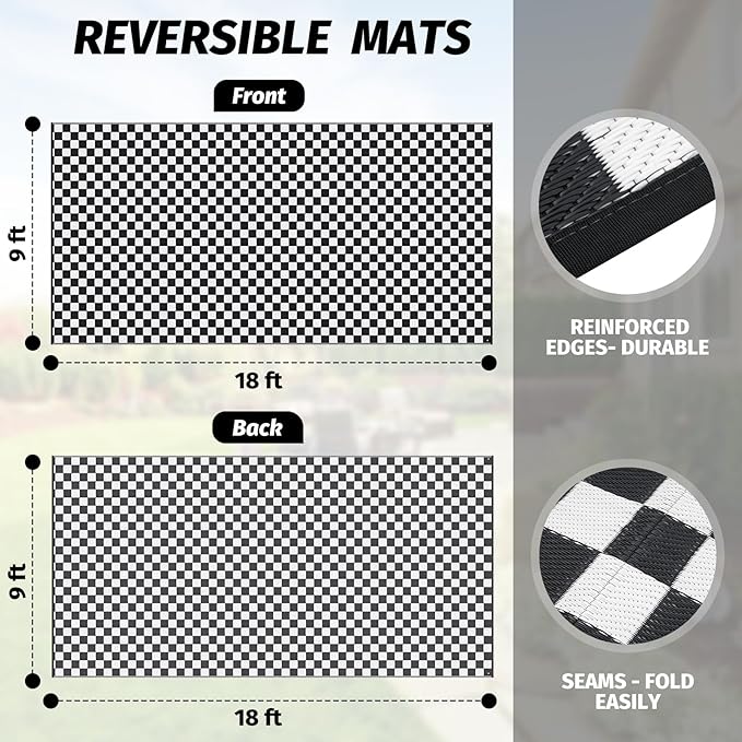 GOTGELIF Black and White Classic Checkerboard Outdoor Area Rug 9x18FT, Reversible & Water-Resistance & Portable Plastic Straw Rug for RV Trips, Picnic, Camping, Outdoor, Garden, Patio