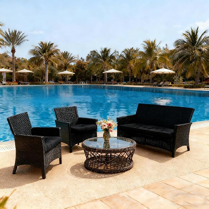 Patio Furniture Cushions Outdoor, Waterproof Wicker Chair Cushions Set of 3, 1 Loveseat & 2 Seat Pads, Thick Outdoor Replacement Cushions for Porch Lawn Bench Couch Sofa Swing, Black
