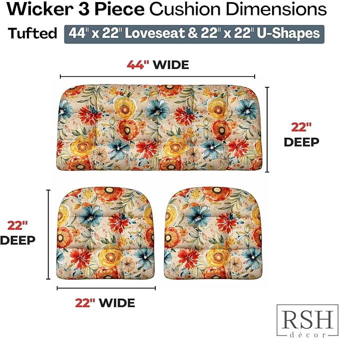 RSH DECOR: 3-Piece Wicker Tufted Cushion Set | 44" x 22" Loveseat & 22" x 22" U-Shapes | Outdoor Replacement Cushions | Water & Fade-Resistant Spun Fabric | Made in USA (Colsen Sonoma)