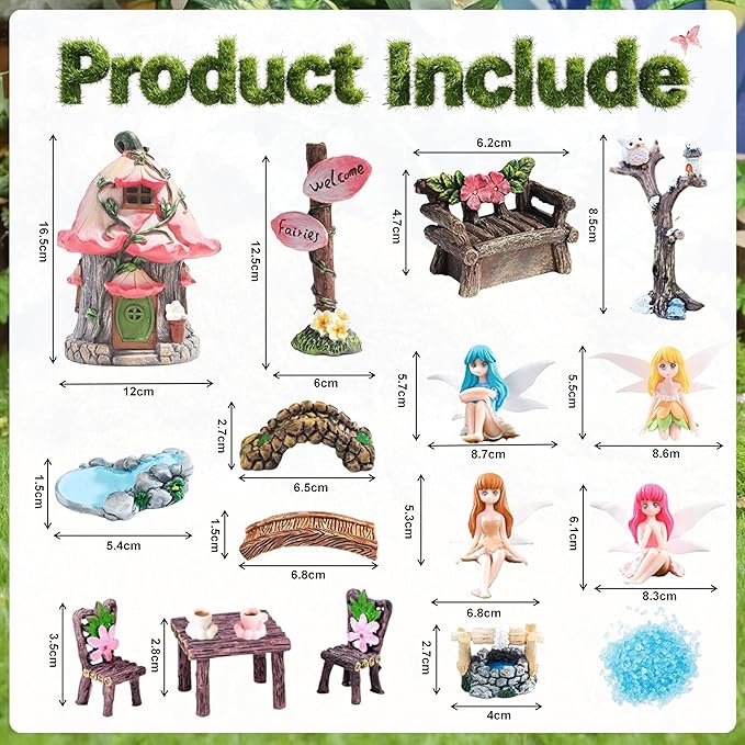 147Pcs Fairy Garden Kit Complete Miniature Figurines Accessories Set with Exclusive Mini Coffee Cups Butterflies DIY Resin Fairy House Mushrooms Animals Trees Decor for Indoor Outdoor Lawn Plant Pots