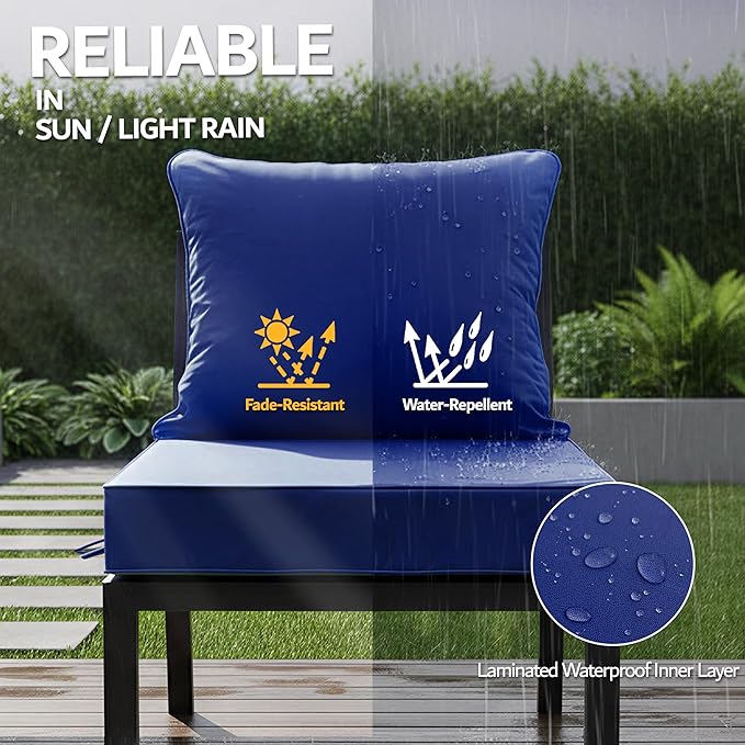 22x22 Inch Patio Chair Cushions Set of 4, Outdoor Furniture Cushions - Removable Cover, Water-Repellent, Fade-Resistant, Non-Slip Bottom & Straps, Replacement for Lawn, Porch & Deck Chair - Navy