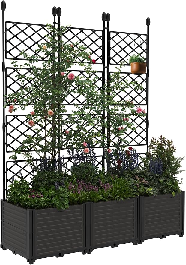 3 PCS Raised Garden Bed with Trellis, 66" w x 63" Tall Vertical Planter Box for Climbing Plants, Patio Privacy Screen & Balcony Garden, Sturdy Metal Frame, Lightweight
