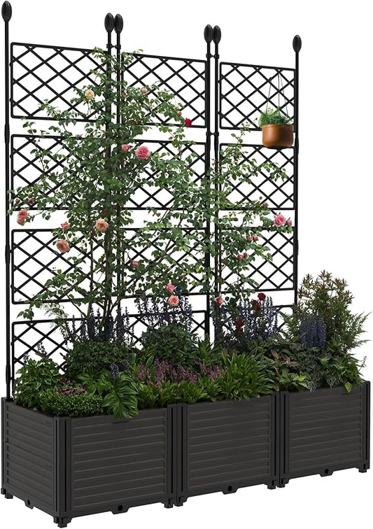 3 PCS Raised Garden Bed with Trellis, 66" w x 63" Tall Vertical Planter Box for Climbing Plants, Patio Privacy Screen & Balcony Garden, Sturdy Metal Frame, Lightweight
