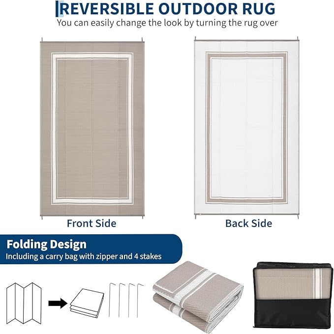 Waterproof Outdoor Rug 10x20 Reversible Plastic Straw Rug Carpet Modern Bordered Outdoor Camping Mat Outside Large Floor Mat for RV Picnic Backyard Porch Beach Balcony Grey/Coffee