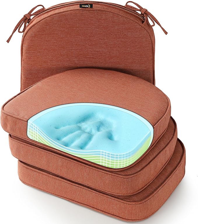 SUNROX Gel Memory Foam Chair Cushions, FadeShield Water-, Stain-Resistant Durable Reversible Seat Cushion Pads with Ties for Indoor/Outdoor Kitchen Dining Office 17"x16" Set of 4, Terracotta