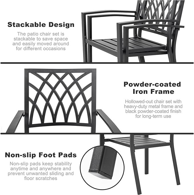 NUU GARDEN Outdoor Patio Dining Chairs Set of 2, Stackable Metal Patio Chairs with Armrests, Portable Dining Chairs for Backyard, Lawn, Deck, Porch, Poolside, Bistro, Black