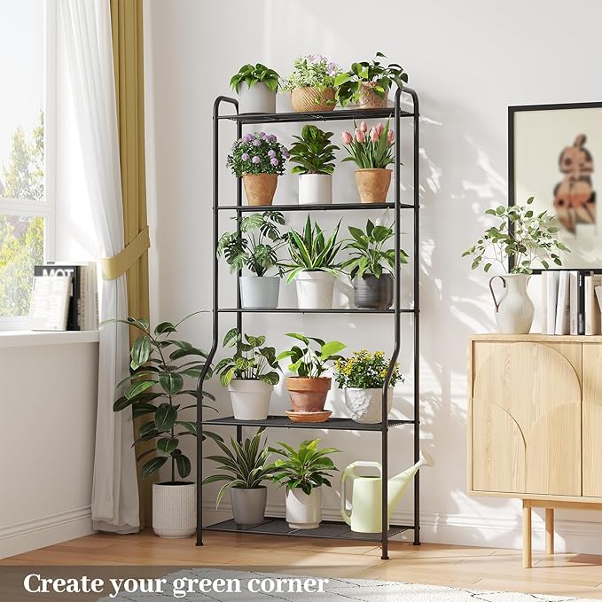 Plant Stand Indoor Outdoor for Multiple Plants, 5 Tier Tall Heavy Duty Metal Shelf, Large Flower Pot Holder Ladder for Garden, Patio, Living Room, Balcony, Black
