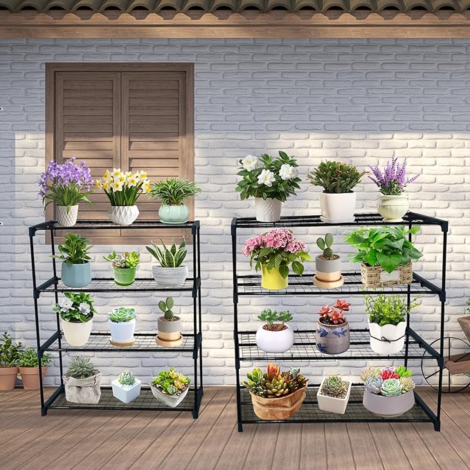 4-Tier Durable Powder-Coated Steel Plant Stands for Indoor/Outdoor Garden Shelving, Each Shelf Holds 17.64 Lbs, Ideal for Greenhouse, Patio, Garage, Shed Storage – 2 Pack