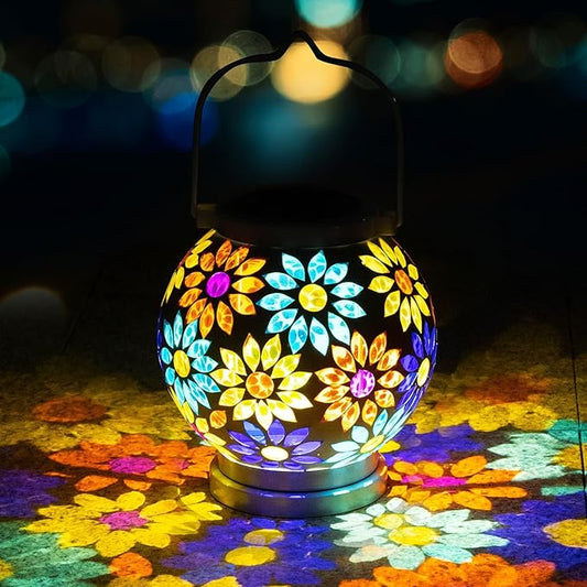 VOREEN Mosaic Solar Lanterns, Handmade Outdoor Glass Hanging Lights, Waterproof Solar Table Lamps, Gift for Mom Wife Friend, Decoration for Garden, Patio, Yard, Party, Balcony, Floral Pattern
