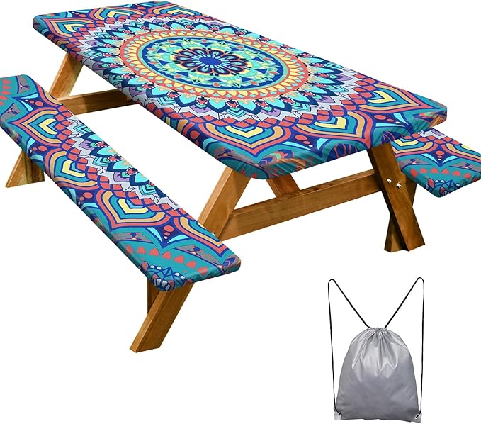 Picnic Table Cover with Bench Covers 6FT 3 Pcs Waterproof Windproof Aesthetic Camping Tablecloth with Drawstring Bag, Fitted for 6 Foot Rectangle Tables and Seats, 72 inch, Yellow Blue Orange