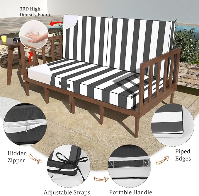 46 x 24 Outdoor Loveseat Cushion Set, 3 Piece Seat Cushions for Patio Furniture,Fade Resistant,Water Repellent, Outdoor Cushion Set for Wicker Couch,Bench,Swing,Gray Black Striped