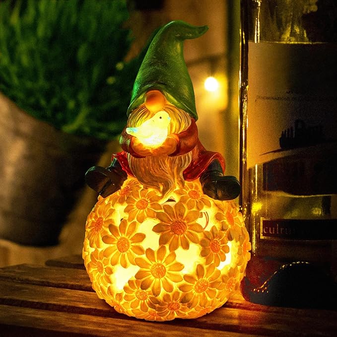 Solar Garden Gnome Statue Gnomes Statue with LED Lights Winter Ornaments Outdoor Yard Art Decorations for Home Patio Porch Lawn - Christmas Birthday Gifts for Mom Women