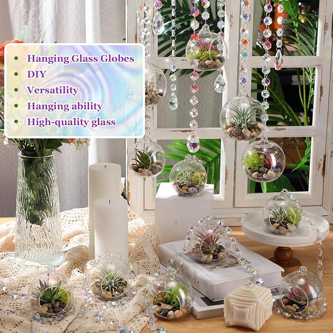 56 Pcs 3.15'' Hanging Glass Tealight Holder Globe with K9 Crystal Garland Strands,Teardrop Pendant Hanging Tealight Candle Holder Orbs Air Plant for Wedding Centerpiece Party Decor (Colorful)