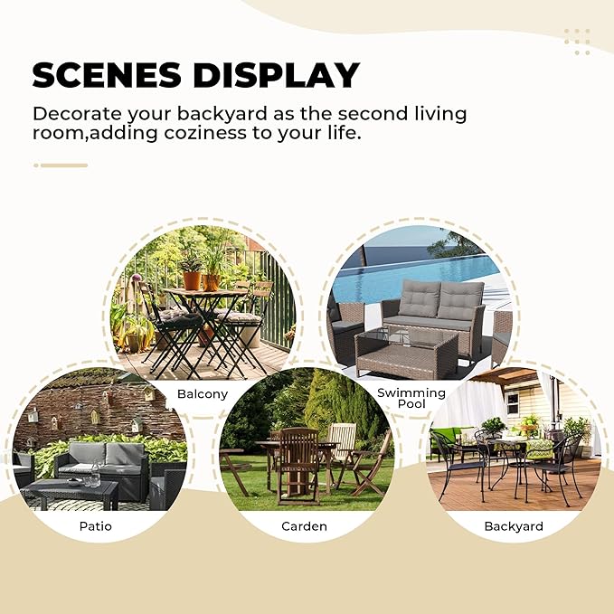 Wicker Chair Cushions, Waterproof Outdoor Loveseat Cushions for Patio Furniture, Tufted Wicker Furniture Cushions, 1 Loveseat and 2 U-Shaped Cushions, Khaki