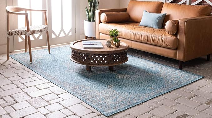 Unique Loom Outdoor Traditional Collection Area Rug - Antique (6' 1" x 9' Rectangle, Light Aqua/ Gray)