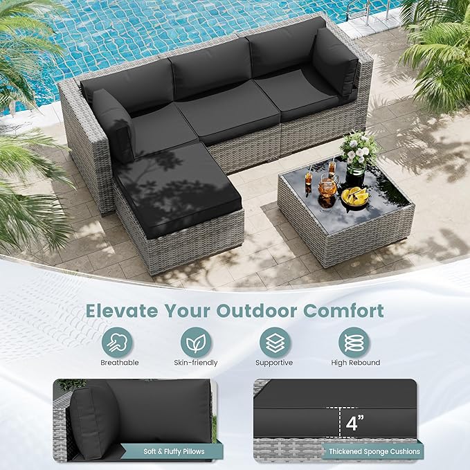 UDPATIO Outdoor Cushions for Patio Furniture, Waterproof Patio Furniture Cushions Replacement, 4" Deep Seat Outdoor Sectional Cushions for 4-seat Chair Sofa Couch, Black