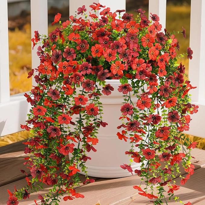 Artificial Hanging Flowers for Outdoors, 2 Pcs Fake Hanging Plant for Spring Decoration, UV Resistant No Fade Faux Silk Daisy Flower for Planter Porch Patio Yard Garden Outside Decor(Red Brown)