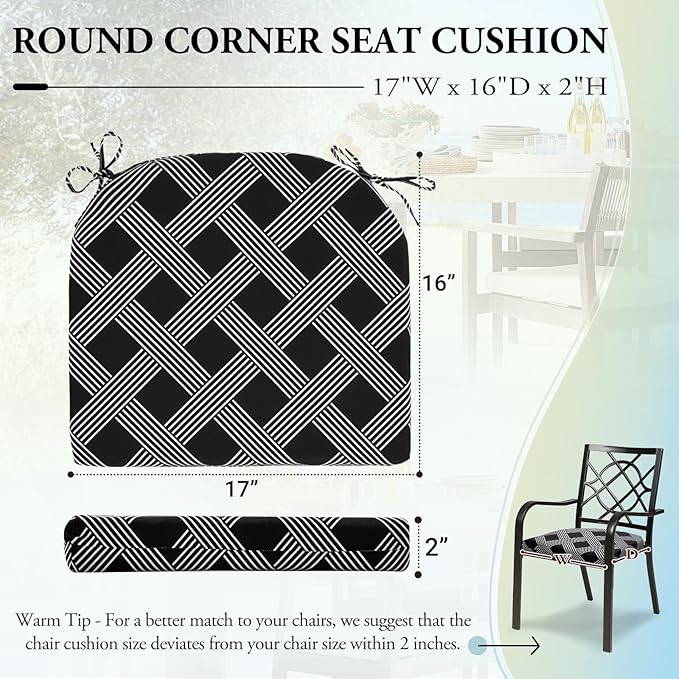 Wellsin Outdoor Chair Cushions for Patio Furniture - Patio Chair Cushions Set of 2 - Water Resistant Round Corner Outdoor Seat Cushions 17"X16"X2", Black Geometry