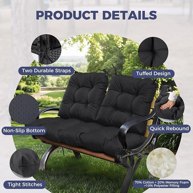 Wicker Chair Cushions of 3 Pieces, Waterproof Cushions for Patio Furniture, Tufted Wicker Outdoor Furniture Cushions, 1 Patio Loveseat Cushion and 2 U-Shaped Cushions, 44"x19"x5", Black