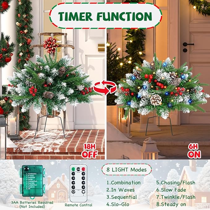 2 Pack Christmas Decorations Outdoor - 21" Pre-Lit Outdoor Christmas Tree with Lights, Prelit Planter Bushes with Remote, Christmas Planter Urn Filler for Front Porch Pathway Yard Garden Holiday Decor
