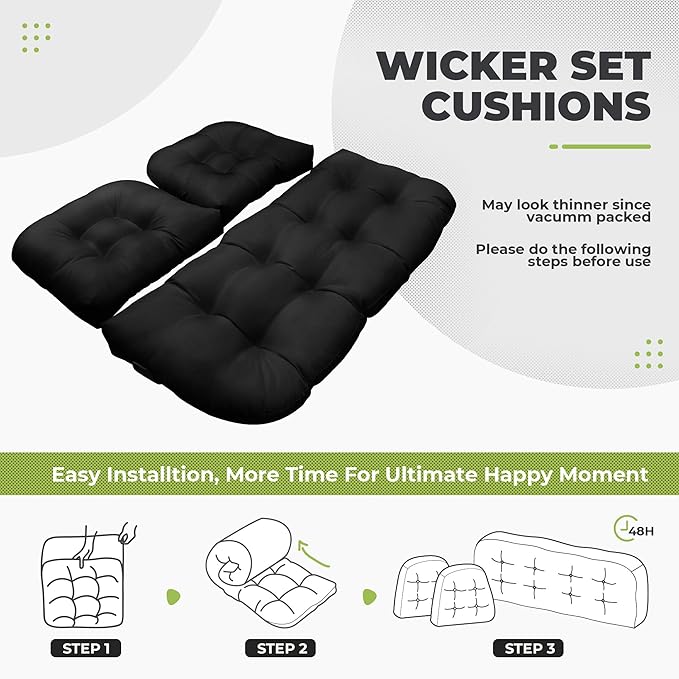 Wicker Chair Cushions, Waterproof Outdoor Loveseat Cushions for Patio Furniture, 3 Pieces Wicker Furniture Cushions, 1 Loveseat and 2 U-Shaped Cushions, Black