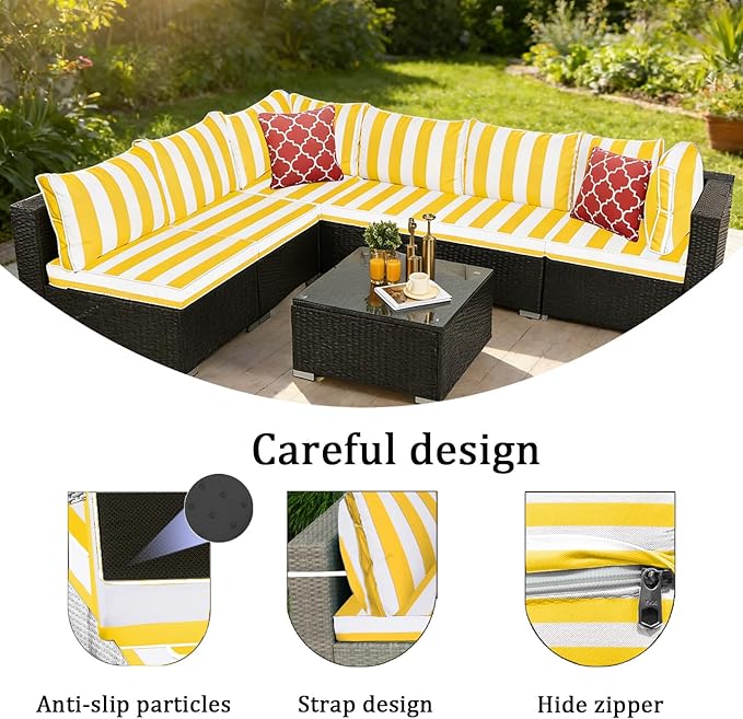 14 Pieces Outdoor Sectional Replacement Cushions for Patio Furniture, 4in Thick Outdoor Sofa Cushions for 6 Seat, Waterproof Deep Seat Couch Patio Cushions Set (Bright Yellow and White)