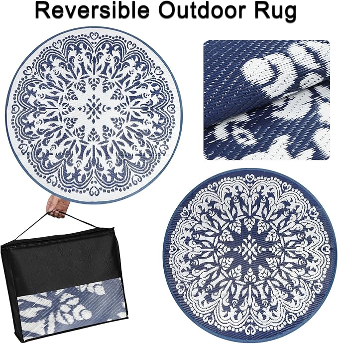 Homcomoda Round Outdoor Patio Rugs 6Ft Waterproof Indoor Outdoor Area Rugs Clearance Reversible Straw Rugs Circle Outdoor Area Rugs for Porch Garden Deck Backyard Balcony