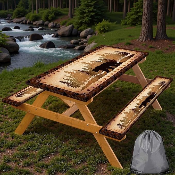 30X60 Inch Brown Bear Picnic Table Cover with Bench Cover and Drawstring Bag, Waterproof Washable Fitted Outdoor Tablecloth Rectangular Elastic Edged for Camping Outdoor Travel, 3 Pieces Set