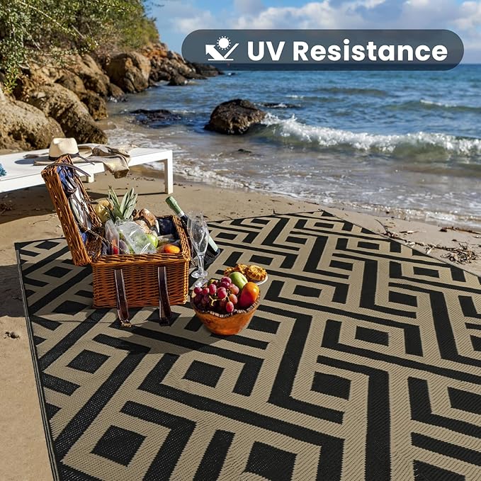 6x9 Outdoor Patio Rug with Carry Bag, Waterproof Outdoor Plastic Straw Rug RV Camping Rug, Reversible Picnic Mat Outside Carpet for Backyard, Porch, Balcony, Deck, Black & Beige