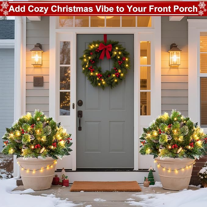 2 Pack 24" Lighted Christmas Tree Outdoor Urn Filler with Timer 8 Modes Warm White & Multi-Color Change Lights Snowy Pinecone Berries Tripod Stake Xmas Trees Planter Filler Christmas Decor Yard Porch